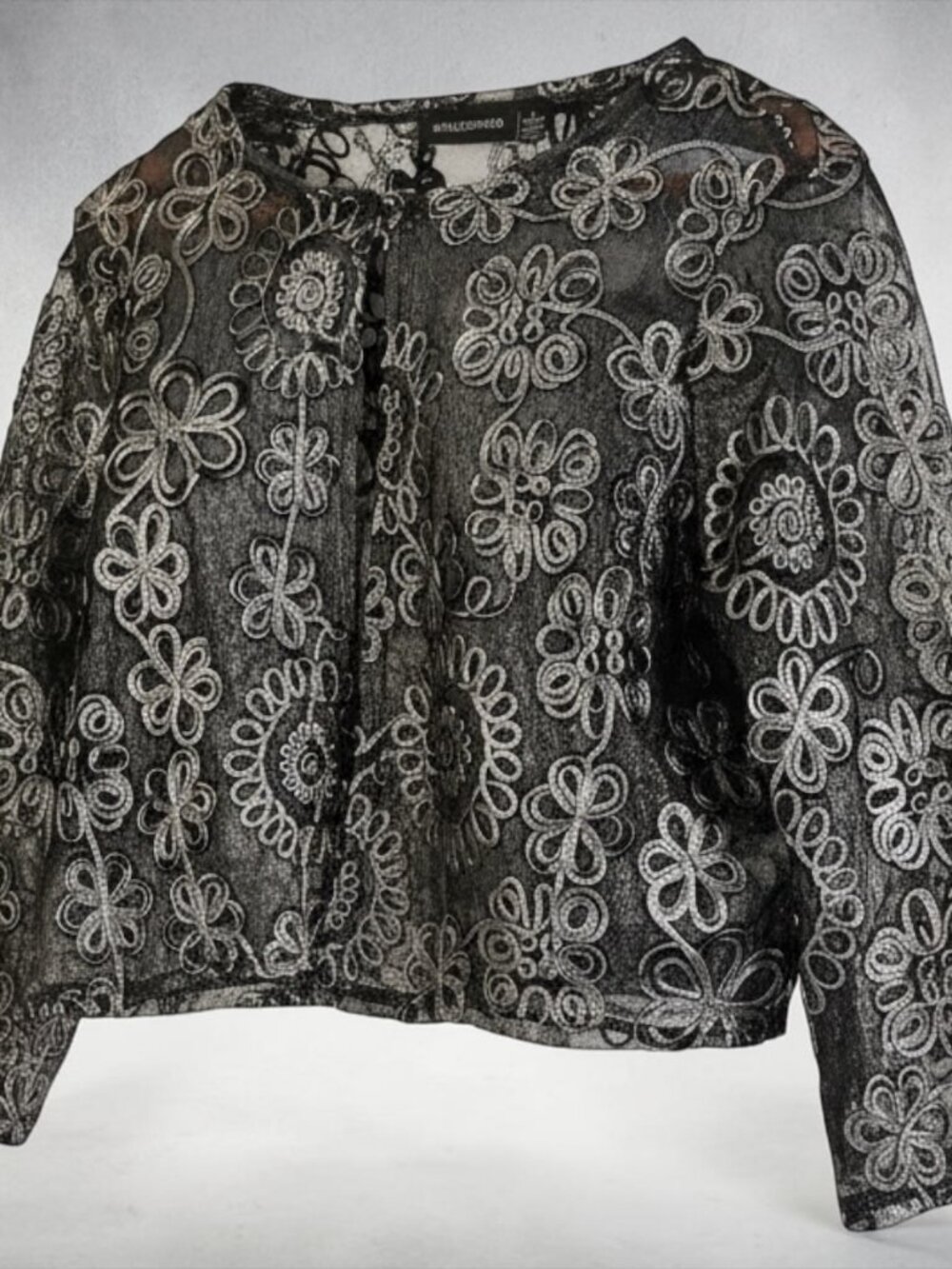 Nina Leonard Metallic Silver Black Floral Lace Cropped Open Front Jacket L